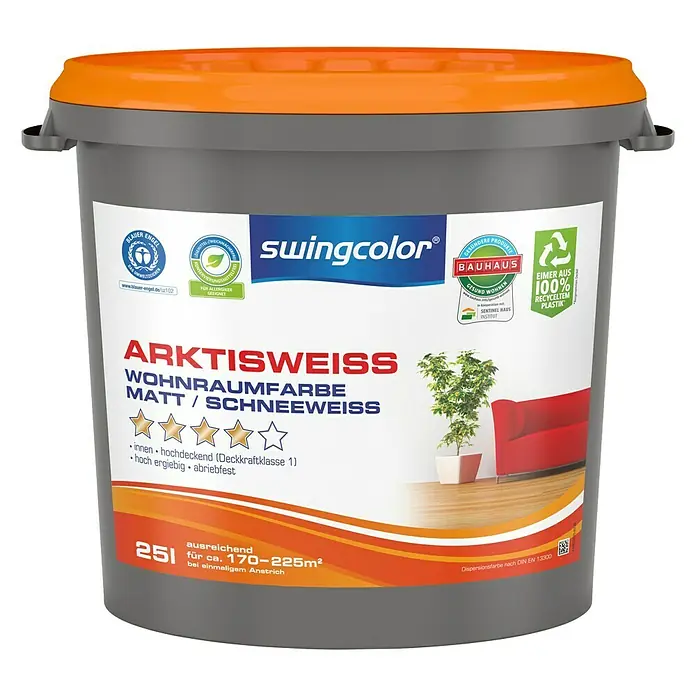 swingcolor Wandfarbe Arktisweiß - Schneeweiß, 25 l, Matt, Konservierungsmittelfrei - Vorderansicht