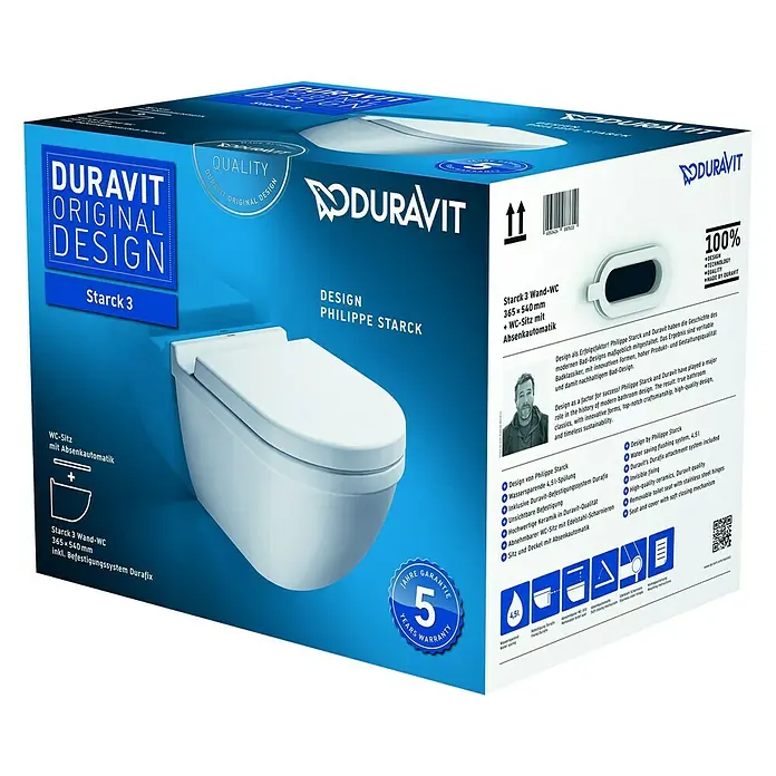 Duravit Starck 3 Wand-WC-Set - Mit Spülrand, Ohne Spezialglasur, Spülform: Tief, WC Abgang: Waagerecht, Sichtbarkeit Befestigung: Verdeckt - Vorderansicht