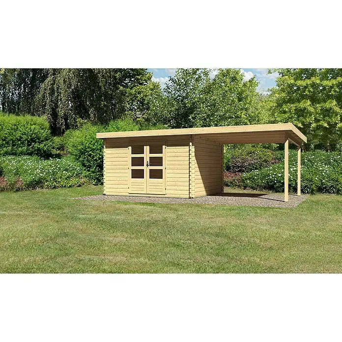 Karibu Blockbohlenhaus Bastrup 7 - 333 x 674 cm, Wandstärke: 28 mm, Pultdach, Ausführung: Mit Anbau - Vorderansicht