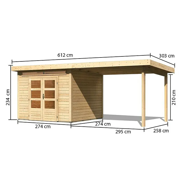 Karibu Gartenhaus Kandern 6 - 612 x 274 cm, Wandstärke: 28 mm, Flachdach, Ausführung: Mit Anbau - Rechte Seitenansicht