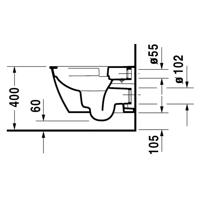 Duravit Darling New Wand-WC - Spülrandlos, Mit schmutzabweisender Glasur, Spülform: Tief, WC Abgang: Waagerecht, Weiß - Skizze