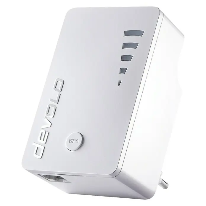 Devolo WLAN-Verstärker Repeater PLC9844 - 1 x Eurostecker (Typ C), 1 x RJ45-Buchse, Weiß, Bis zu 1.200 Mbit/s (WLAN) - Vorderansicht