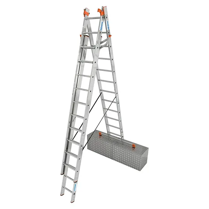 Krause Monto Sprossen-Mehrzweckleiter Tribilo - Treppenfunktion, Arbeitshöhe: 9,3 m, 3 x 12 Sprossen, Aluminium - Diagonale Ansicht