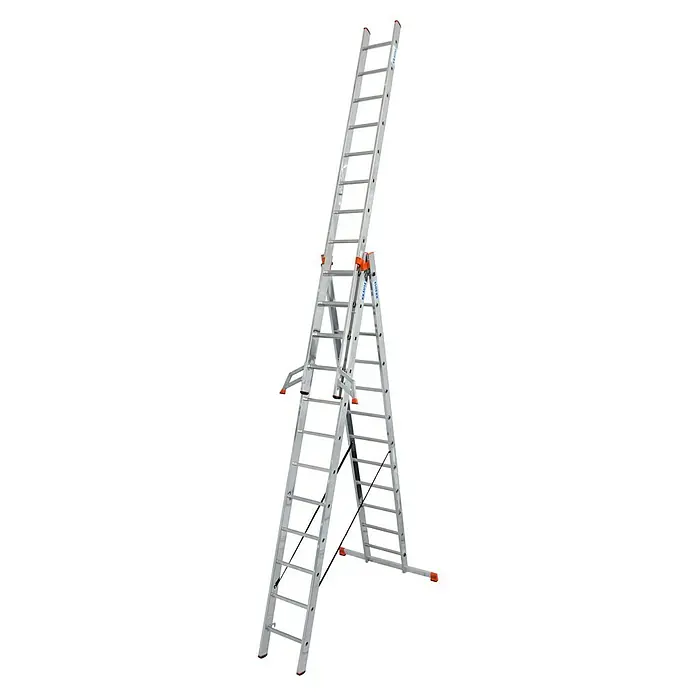 Krause Monto Sprossen-Mehrzweckleiter Tribilo - Treppenfunktion, Arbeitshöhe: 9,3 m, 3 x 12 Sprossen, Aluminium - Diagonale Ansicht