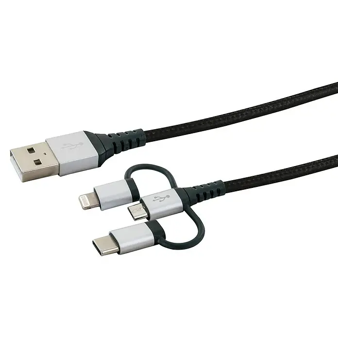 Schwaiger USB-oplaadkabel 3-in-1 - Zwart/zilver, Lengte: 150 cm - Close-up