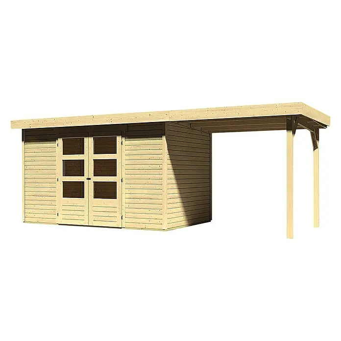 Karibu Gartenhaus Askola - L x B: 217 x 522 cm, Wandstärke: 19 mm, Flachdach, Natur, Mit Anbau - Linke Seitenansicht