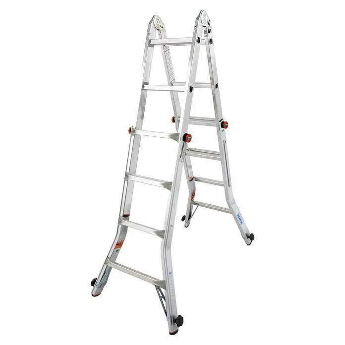 Krause Sprossen-Gelenk-Teleskopleiter TeleVario - Arbeitshöhe: 5 m, 4 x 4 Sprossen, Treppenfunktion, Aluminium - Diagonale Ansicht