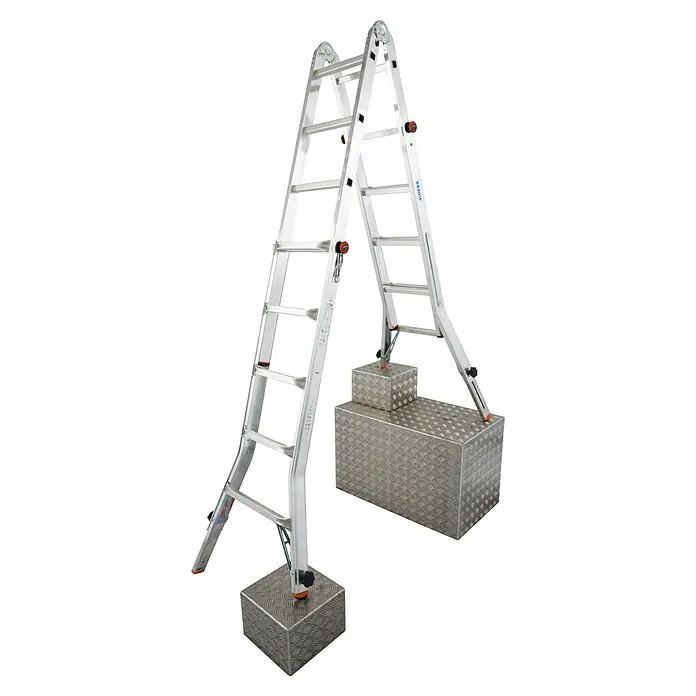 Krause Sprossen-Gelenk-Teleskopleiter TeleVario - Arbeitshöhe: 6,05 m, 4 x 5 Sprossen, Treppenfunktion, Aluminium - Diagonale Ansicht