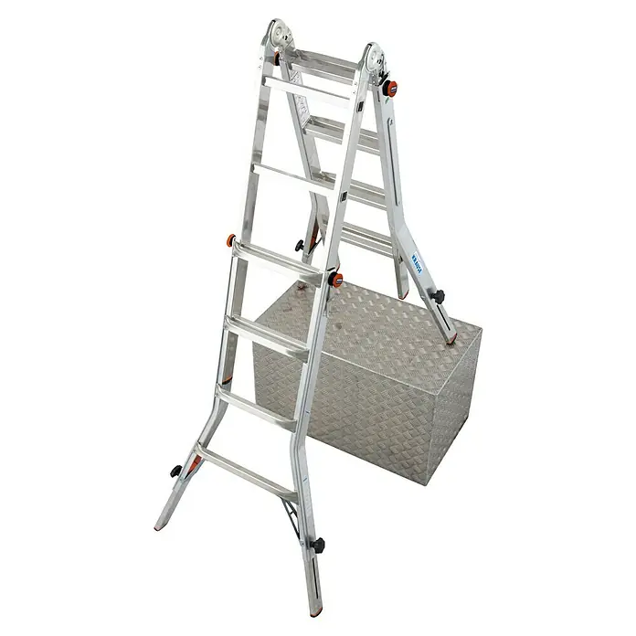 Krause Sprossen-Gelenk-Teleskopleiter TeleVario - Arbeitshöhe: 5 m, 4 x 4 Sprossen, Treppenfunktion, Aluminium - Diagonale Ansicht
