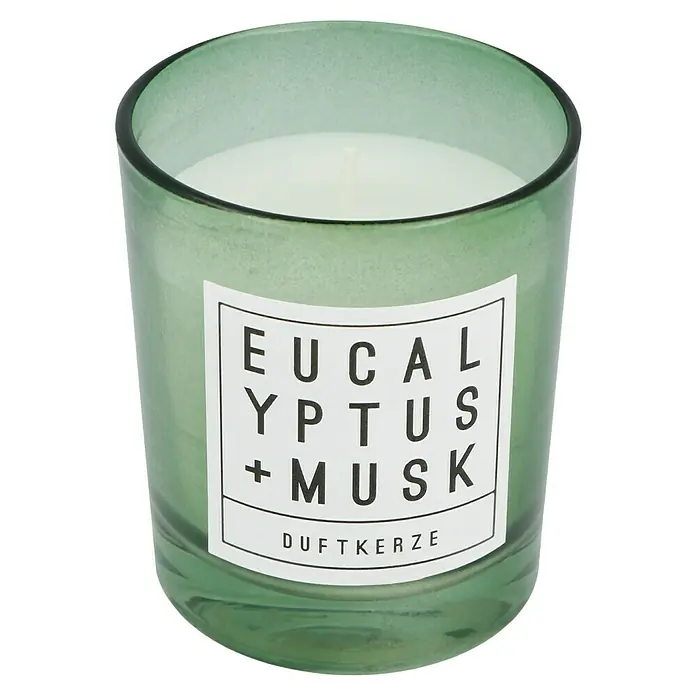 Duftkerze - Im Glas, Eucalyptus und Musk, Ø x H: 6,5 x 7,9 cm - Diagonale Ansicht
