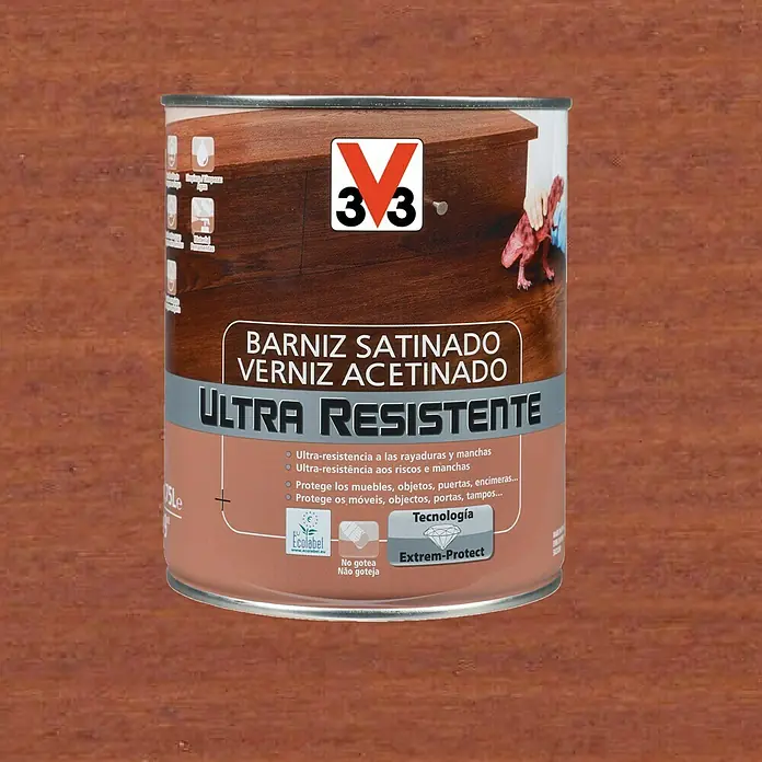 V33 Barniz para madera Satinado Ultra Resistente - Caoba, Satinado, 750 ml