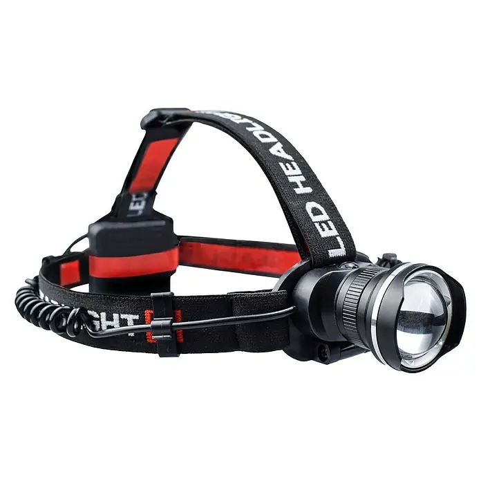 BAUHAUS Stirnlampe - Schwarz/Rot, Batteriebetrieben, LED, 350 lm, Aluminium - Diagonale Ansicht