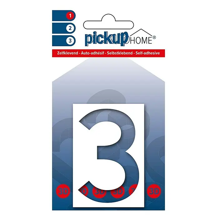 Pickup 3D Home Huisnummer - Hoogte: 6 cm, Motief: 3, Wit, Kunststof, Zelfklevend - Vooraanzicht