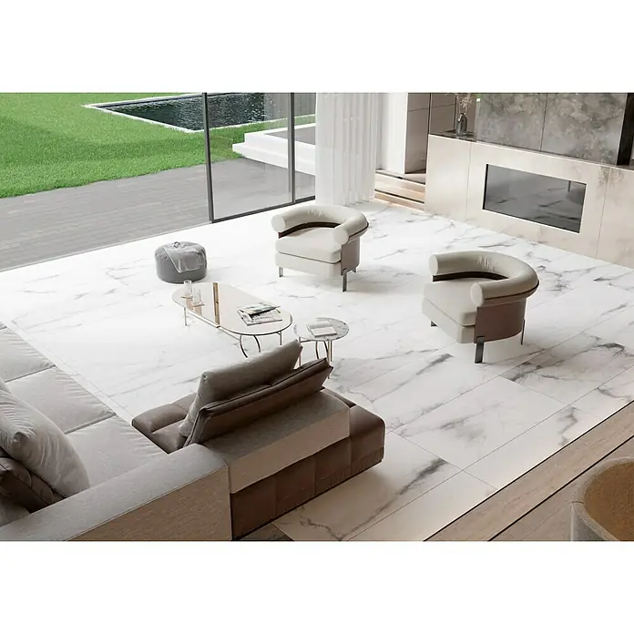 Feinsteinzeugfliese Torino Bianco - 60 x 120 cm, Weiß/Grau, Glänzend - Stimmungsaufnahme