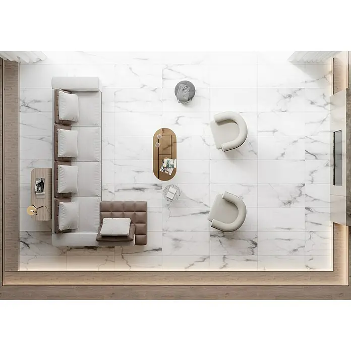Feinsteinzeugfliese Torino Bianco - 60 x 120 cm, Weiß/Grau, Glänzend - Stimmungsaufnahme