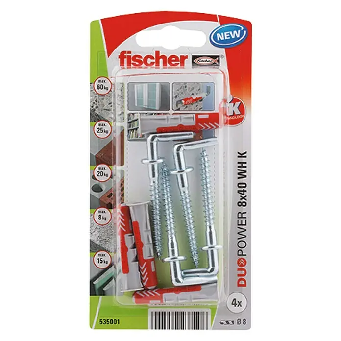 Fischer Duopower Set de tacos con alcayata - Diámetro taco: 8 mm, Longitud taco: 40 mm, 4 uds.
