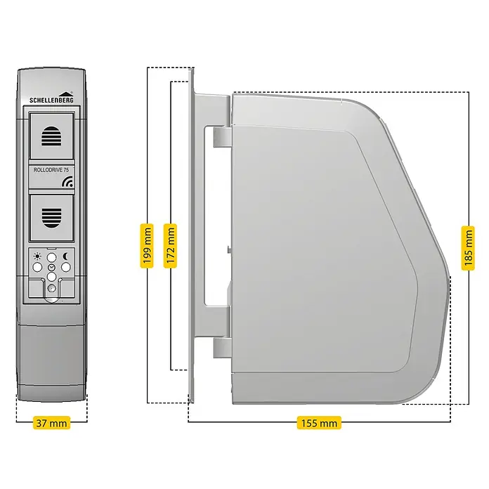 Schellenberg Funk-Rollladen-Gurtwickler Rollo Drive 75 Premium - L x B x H: 155 x 37 x 199 mm, Gurtbreite: 14 mm - 15 mm, Zugkraft: 30 kg, Unterstützte Systeme: Abus Smart Friends System - Skizze