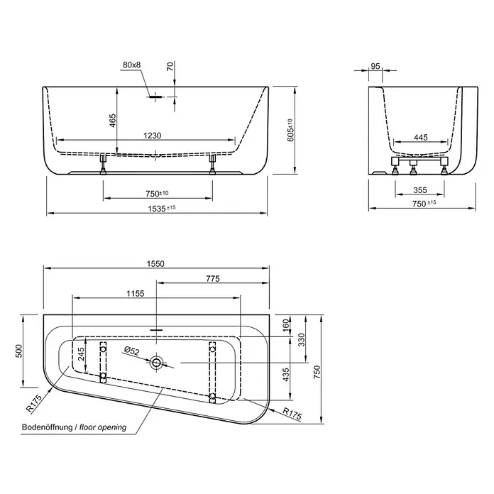 Ottofond Badewanne Derby - 155 x 75 cm, Linksseitig, Mit Ab- & Überlaufgarnitur & Wannenrandarmatur, Sanitäracryl, Weiß - Skizze