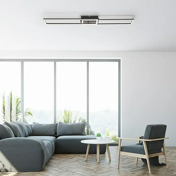 LeuchtenDirekt Plafón LED Iven - 36 W, L x An x Al: 193 x 73 x 4 cm, Negro, Blanco, Blanco cálido - Foto ambiente