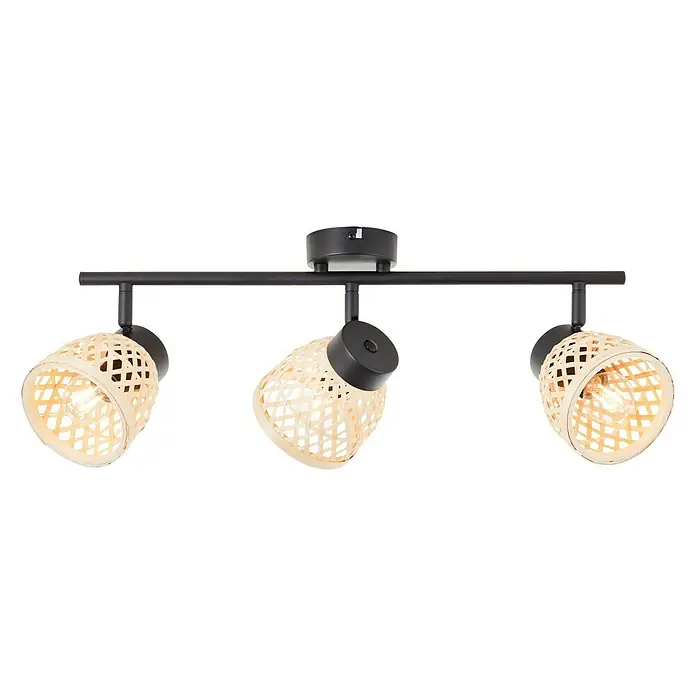 Brilliant Elize Deckenstrahler - 28 W, L x B x H: 10,5 x 50 x 18 cm, Schwarz-matt/Bambus, E14, 3 Stk. - Vorderansicht