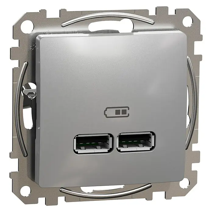 Schneider Electric Sedna Design & Elements Toma USB 2 X A - Aluminio, 2 conexiones, Plástico, En pared - Vista angular