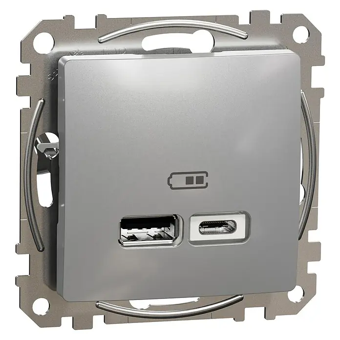 Schneider Electric Sedna Design & Elements Toma USB Tipo A y C - Aluminio, 2 conexiones, Plástico, En pared - Primer plano