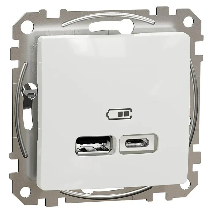 Schneider Electric Sedna Design & Elements Toma USB Tipo A y C - Blanco, 2 conexiones, Plástico, En pared - Vista angular