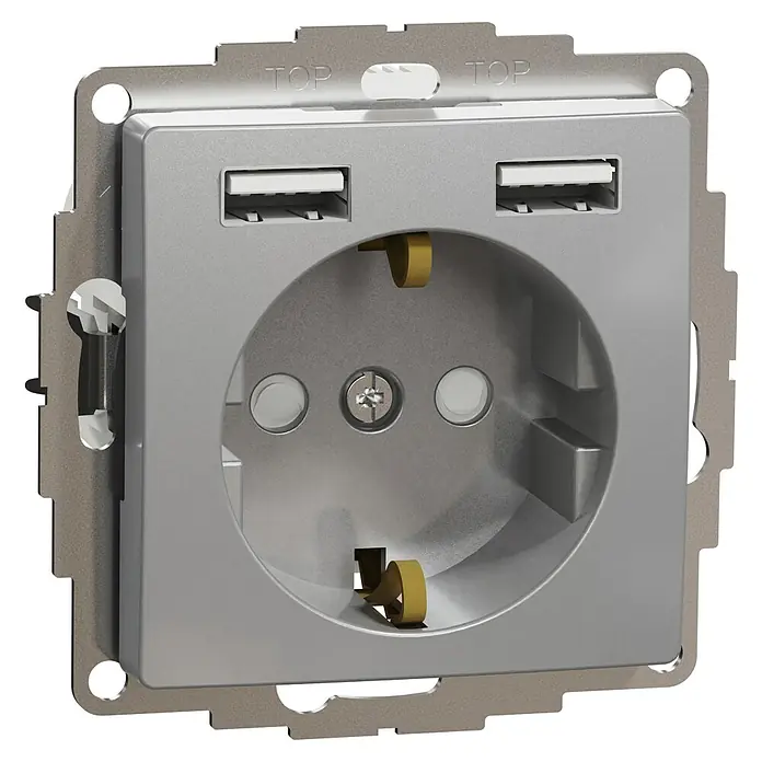 Schneider Electric Sedna Design & Elements Enchufe con USB - Aluminio, 16 A, 2 conexiones USB - Vista angular