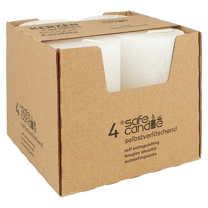 Stumpenkerzen-Set Rustic Safe Candle - 4 Stk., Ø x H: 6 x 11 cm, Wollweiß - Diagonale Ansicht