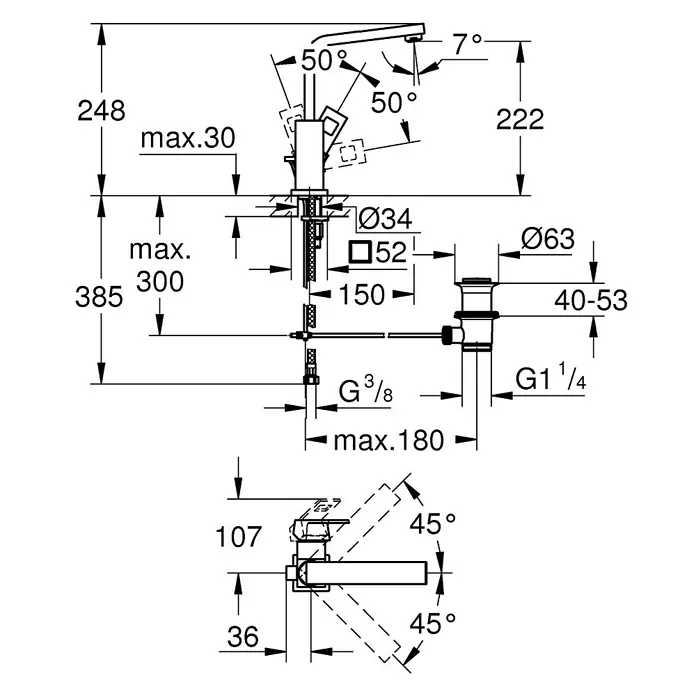 Grohe Eurocube Waschtischarmatur L-Size - Chrom - Skizze