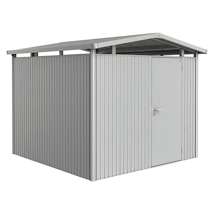Biohort Gerätehaus Panorama - Außenbreite inkl. Dachüberstand: 273 cm, Außentiefe inkl. Dachüberstand: 278 cm, Stahl, Silber Metallic, Einzeltür - Vorderansicht
