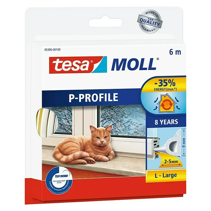 Tesa MOLL Burlete de caucho perfil P - Marrón, 6 m x 9 mm x 5,5 mm, Apto para: Desajustes de 2 - 5 mm - Vista frontal