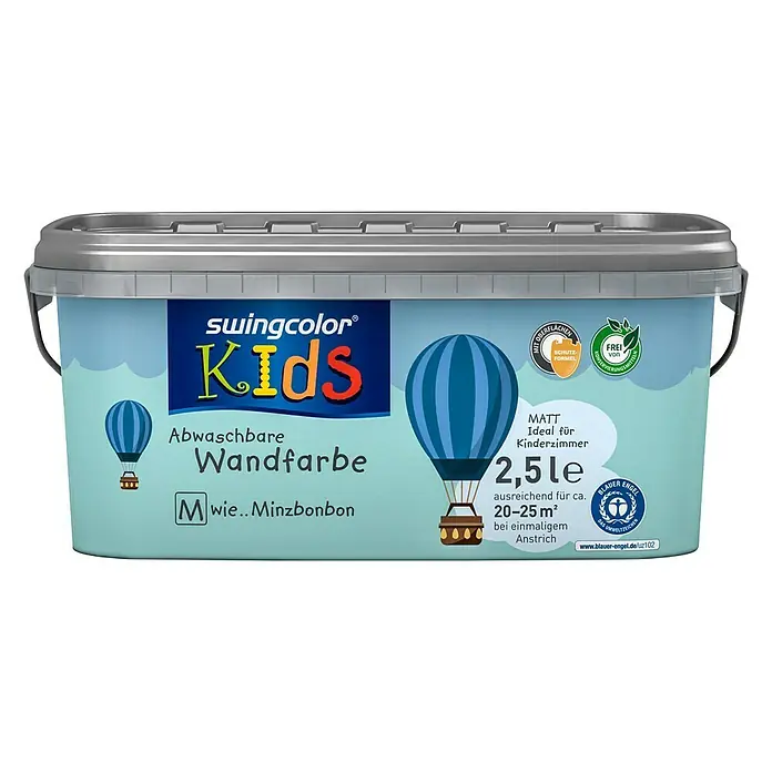 swingcolor KIDS Wandfarbe - Minzbonbon, 2,5 l, Matt, Konservierungsmittelfrei - Vorderansicht