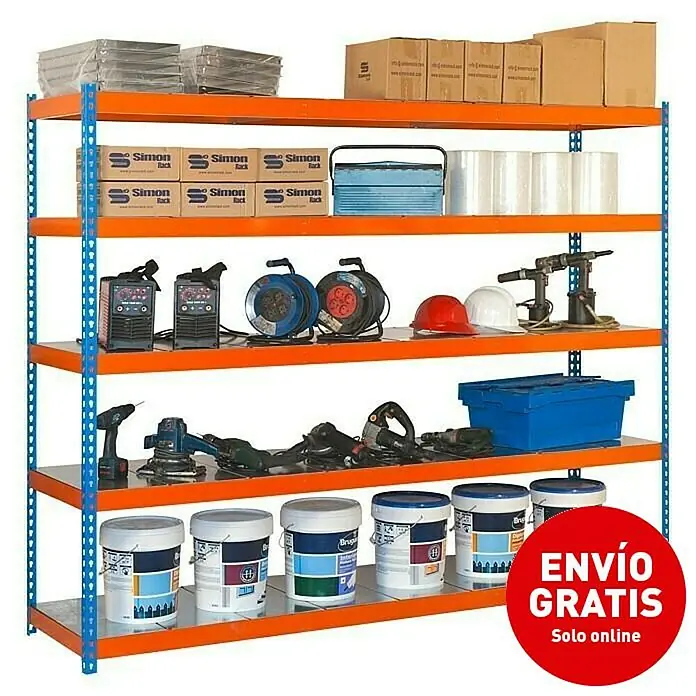 Simonrack Ecoforte Estructura de estantería Metal - L x An x Al: 60 x 150 x 200 cm, Capacidad de carga: 400 kg/balda, Número de baldas: 5 ud., Azul/Naranja/Galvanizado - Imagen de campaña