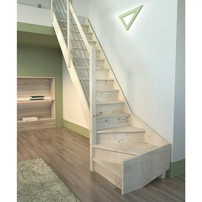 Sogem Escalera principal Trendy Eco - Ancho: 82 cm, Abeto, 1/4 hélice abajo a la izquierda, Número de escalones: 14 uds. - Foto ambiente