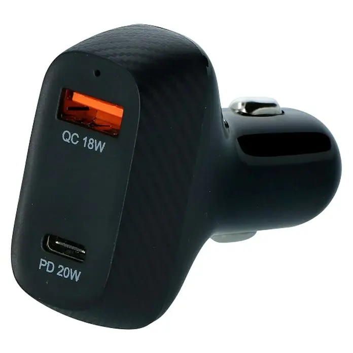 Carpoint Snellader 12/24V Duo Auto 20W USB-C + 18W USB 3.0 - Kunststof, Zwart - Diagonaal zicht