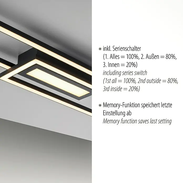 LeuchtenDirekt LED-Deckenleuchte Asmin - 48 W, L x B x H: 95 x 17,5 x 5 cm, Schwarz - Informationsansicht