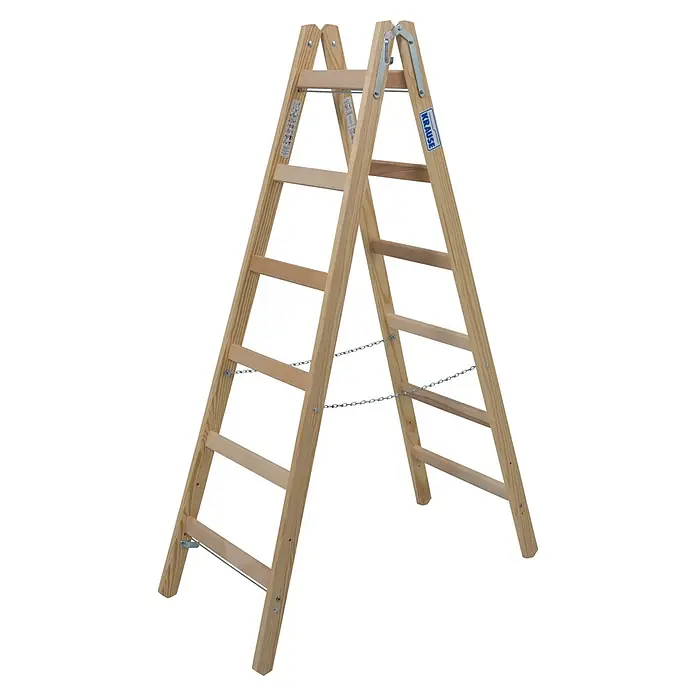 Krause Sprossen-Doppelleiter - Arbeitshöhe: 3 m, 2 x 6 Stufen, Holz - Diagonale Ansicht