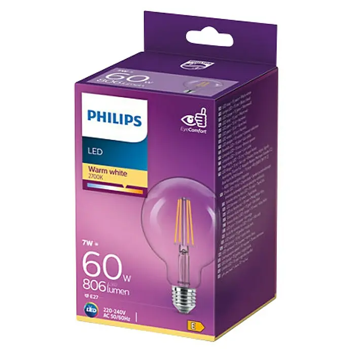 Philips Bombilla LED Globo - 7 W, E27, Color de luz: Blanco cálido, Redonda - Vista angular