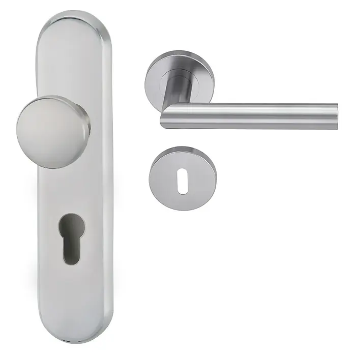 Diamond Doors Modern Schutzbeschlag warrior L-Form - Nebentüren, Farbe: Aluminium, Türstärke: 35 mm - 45 mm, Knopf außen, Drücker innen, DIN 18257 ES 0 - Vorderansicht