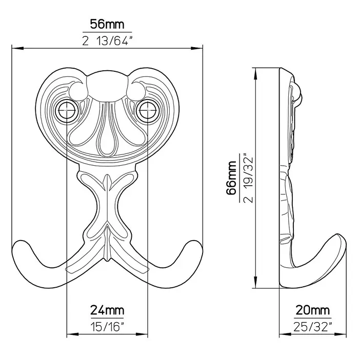 Siro Garderobenhaken - L x B x H: 56 x 66 x 20 mm, Anzahl Haken: 1 Stk., Eisen antik - Skizze