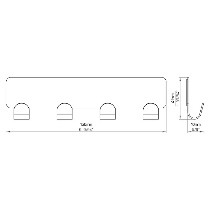 Siro Hakenleiste 2178-156ZN1KV1S - 156 x 16 mm, Anzahl Haken: 4 Stk., Verchromt poliert - Skizze