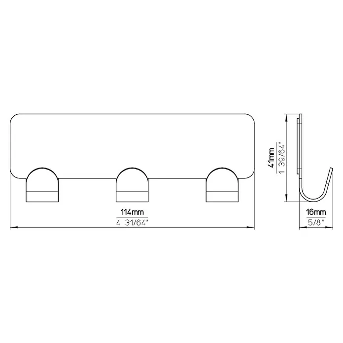 Siro Hakenleiste 2178-114ZN4KV1S - 114 x 16 mm, Anzahl Haken: 3 Stk., Vernickelt matt - Skizze