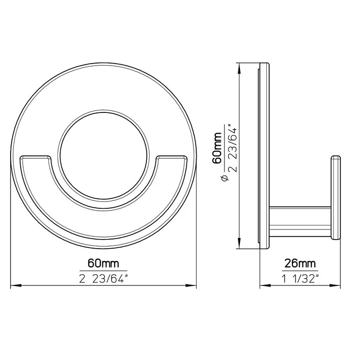 Siro Garderobenhaken 2332/ZN1KV1S - L x B x H: 60 x 60 x 26 mm, Anzahl Haken: 1 Stk. - Skizze