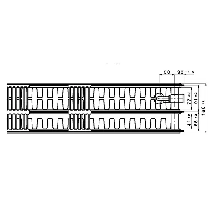 Universal-Flachheizkörper - B x H: 100 x 40 cm, 6-fach, Typ: 3K-33, 1.614 W - Skizze