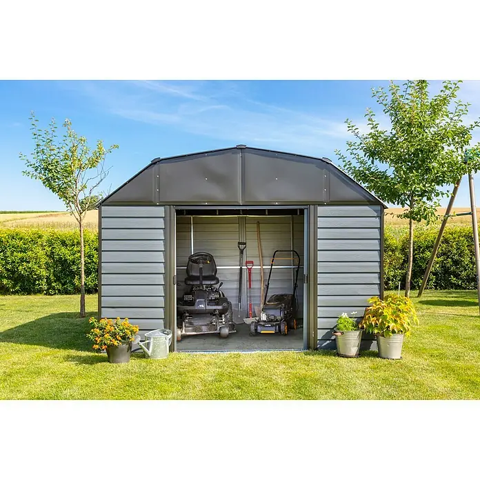 Spacemaker Gerätehaus 10x9 - Außenbreite inkl. Dachüberstand: 313 cm, Außentiefe inkl. Dachüberstand: 273 cm, Stahl, Charcoalgrau - Stimmungsaufnahme