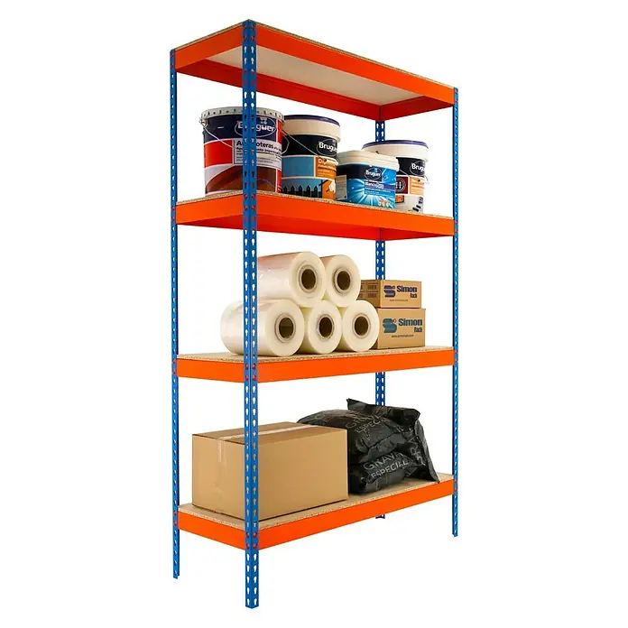 Simonrack Ecoforte Estantería para cargas pesadas Chipboard - L x An x Al: 45 x 120 x 200 cm, Capacidad de carga: 400 kg/balda, Número de baldas: 4 ud., Azul/Naranja