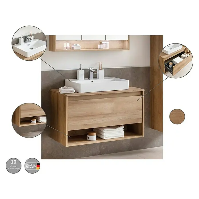 Waschtischunterschrank Natura - L x B x H: 93,4 x 45,5 x 52,3 cm, Ast-Eiche Dekor, Holzoptik - Informationsansicht