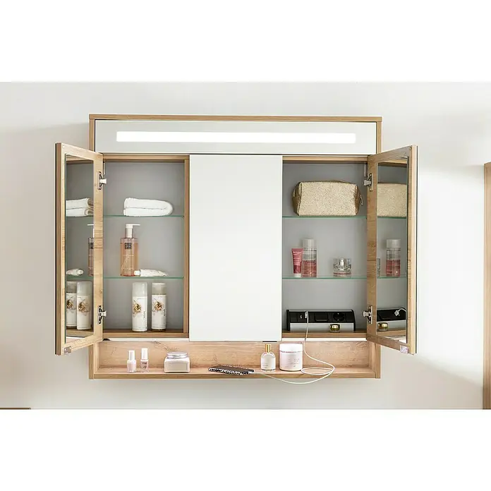 LED-Spiegelschrank Natura - B x H: 15,5 x 84 cm, Mit Beleuchtung, Spanplatte, Ast-Eiche Dekor - Stimmungsaufnahme
