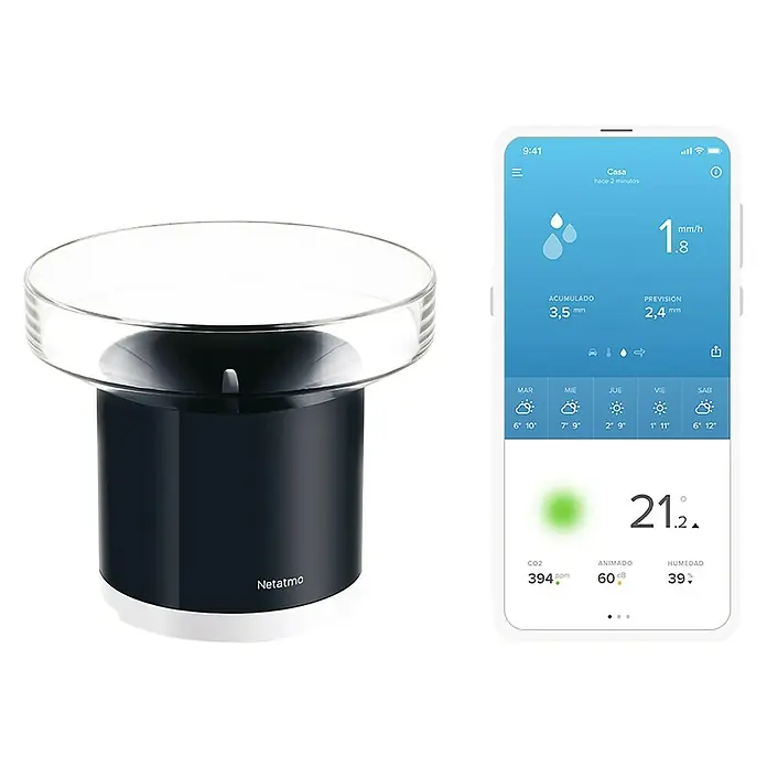 Netatmo Pluviómetro - Funciona con pilas, Diámetro: 13 cm, Negro, Plateado - Vista frontal